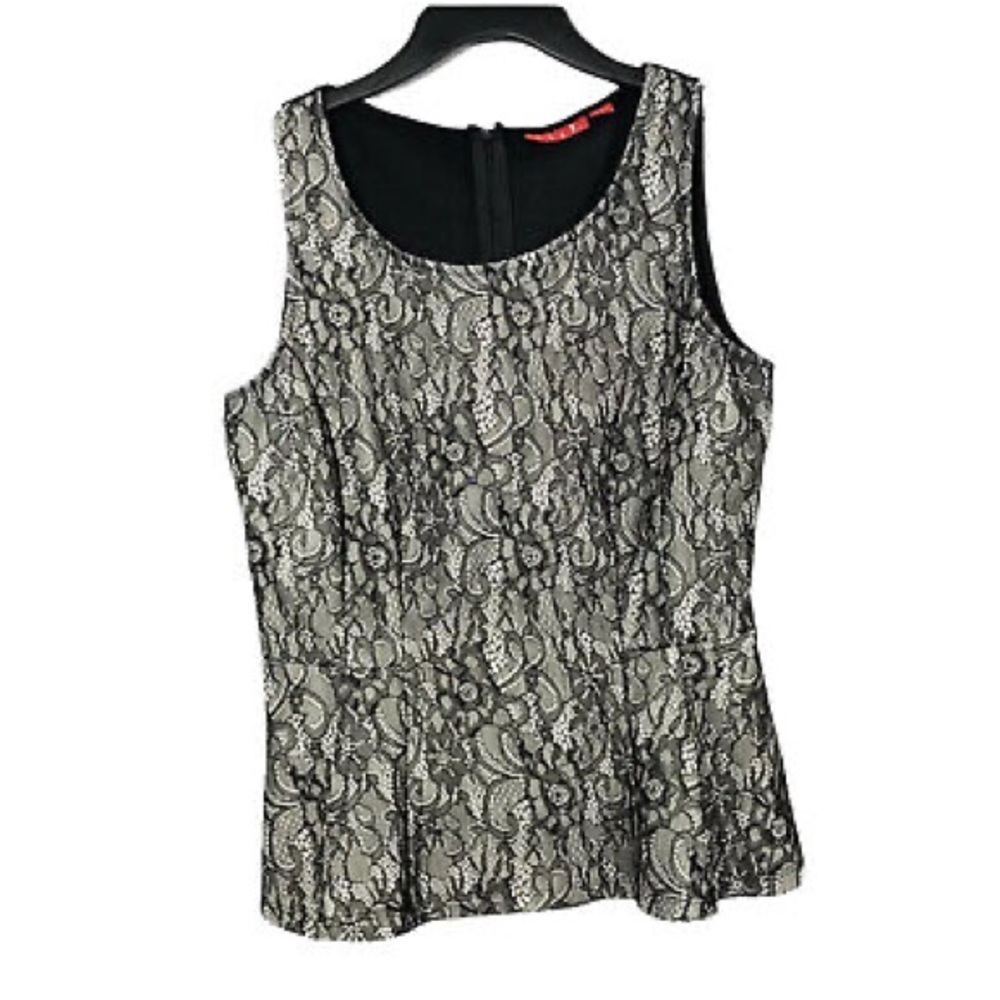Elle Sleeveless Blouse Lace Overlay Ruffle Peplum Black Gray Flower